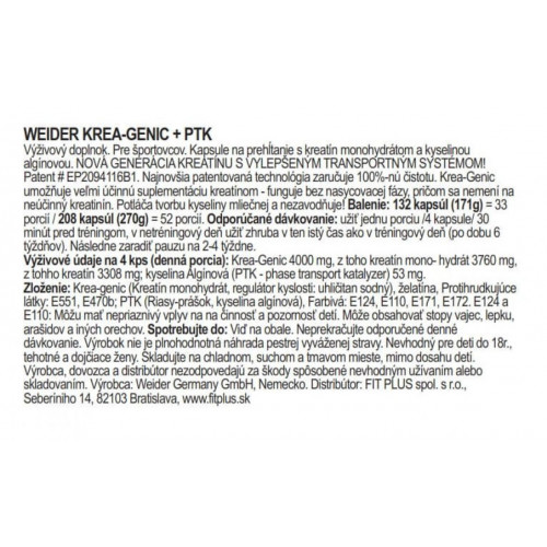 Weider Krea-Genic+PTK, 208 kapsúl 