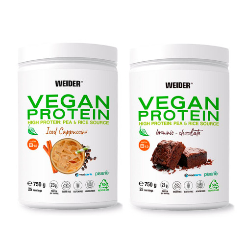 Weider Vegan Protein 750g, 2ks brownie chocolate+iced cappuccino 