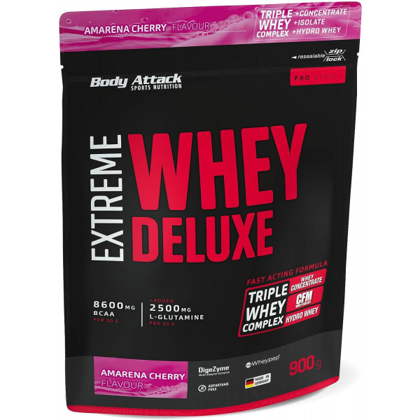 Proteín Body Attack Extreme Whey Deluxe, 900 g amarena-cherry