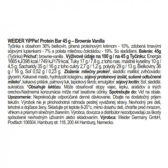 Weider Yippie Protein Bar, Brownie-Vanilla, 45g x 12 ks 