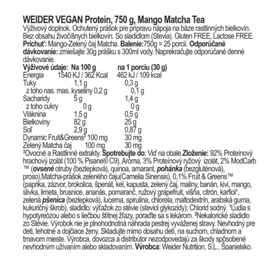 Weider Vegan Protein 750g, 2ks mango-matcha tea 