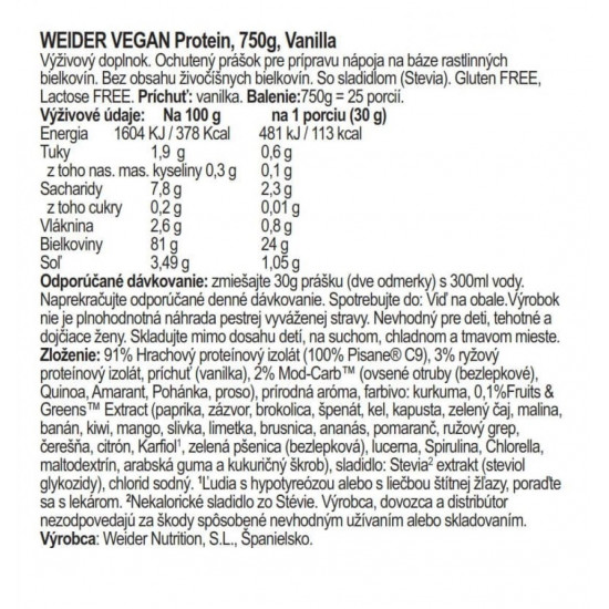 Weider Vegan Protein 750g, 2ks vanilla+brownie chocolate 
