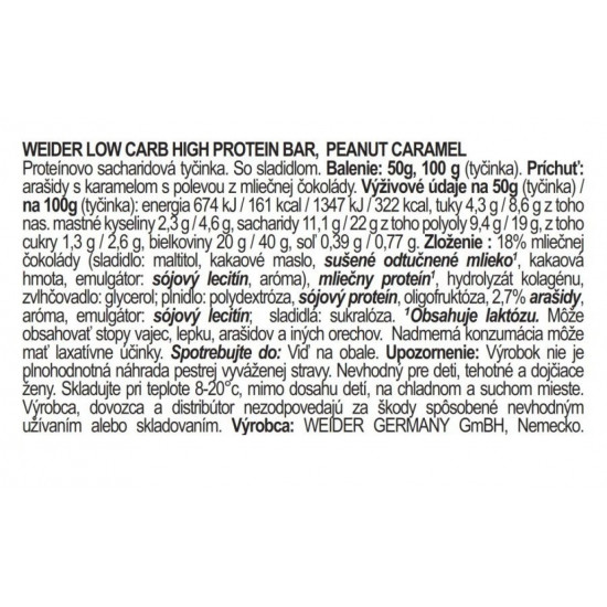 Weider Low Carb High Protein 40% Bar, peanut caramel, 50g x 24 ks 