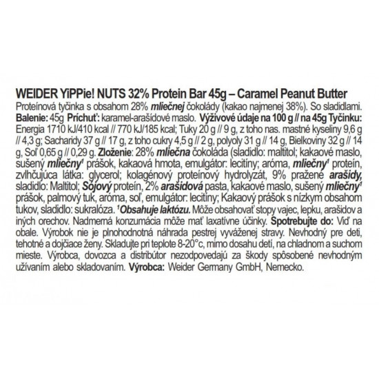 Weider Yippie Protein Bar, Peanut-Caramel, 12x45g 