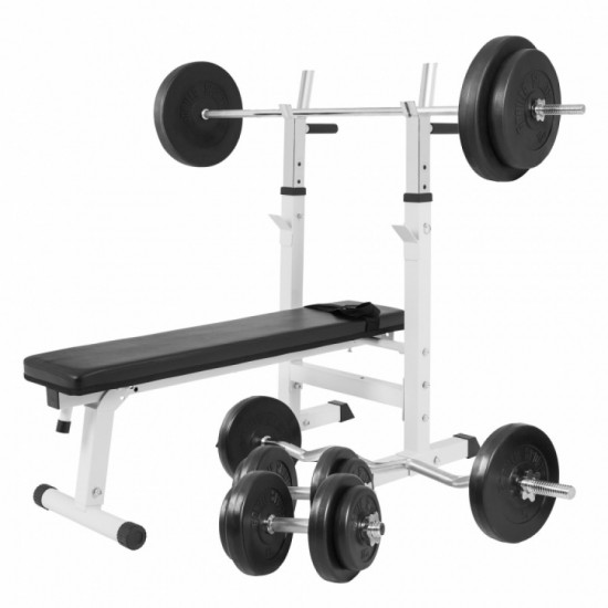 Gorilla Sports Multifunkčná polohovateľná lavička so stojanom + činkový set 100kg 30/ 31 mm biela Gorilla Sports Multifunkčná polohovateľná lavička so stojanom + činkový set 100kg 30/ 31 mm biela