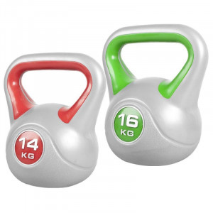 Gorilla Sports cementový poplastovaný kettle-bells set 30 kg (14 kg a 16 kg) 