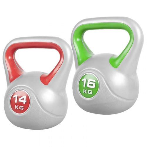 Gorilla Sports cementový poplastovaný kettle-bells set 30 kg (14 kg a 16 kg) 