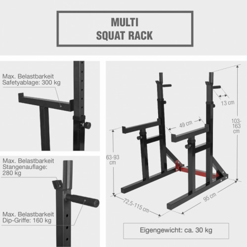 Gorilla Sports Multi Squat Rack s tyčou a závažím  