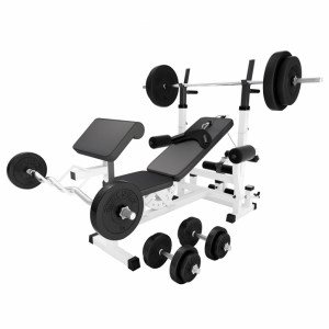 Gorilla Sports Univerzálna posilňovacia lavička + poplastovaný činkový set 100 kg 30/31 mm 