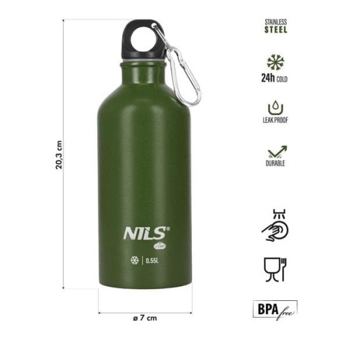 Zelená nerezová turistická fľaša na vodu Nils Camp, 550ml Zelená nerezová turistická fľaša na vodu Nils Camp, 550ml