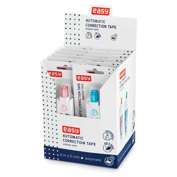 Spokey EASY HIDDEN TAPE Automatický výsuvný korekční strojek 6 m x 5 mm, 12 ks v balení, růžový, modrý
