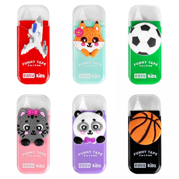 Spokey EASY FUNNY TAPE Dětský korekční strojek ve tvaru zvířátek a míčů, 6 m x 5 mm, 18 ks v balení, mix různých vzorů